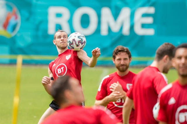 Wales’ Gareth Bale (top left) controls the ball during a team training session in Rome