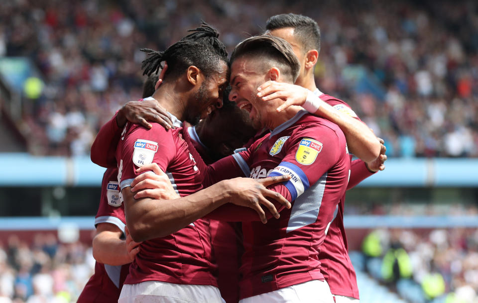 Aston Villa's Jonathan Kodjia celebrates with his team mates after he scores to put his side 1-0 up Aston Villa v Millwall - Sky Bet Championship - Villa Park 22-04-2019 . (Photo by  Bradley Collyer/EMPICS/PA Images via Getty Images)