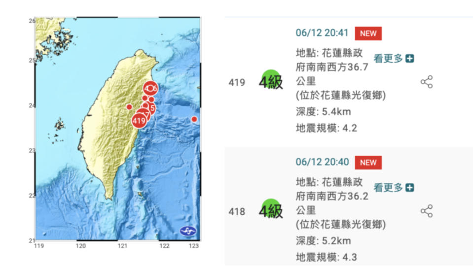 6/12晚間8時40分和41分連續測得2次地震。翻攝自氣象署網站