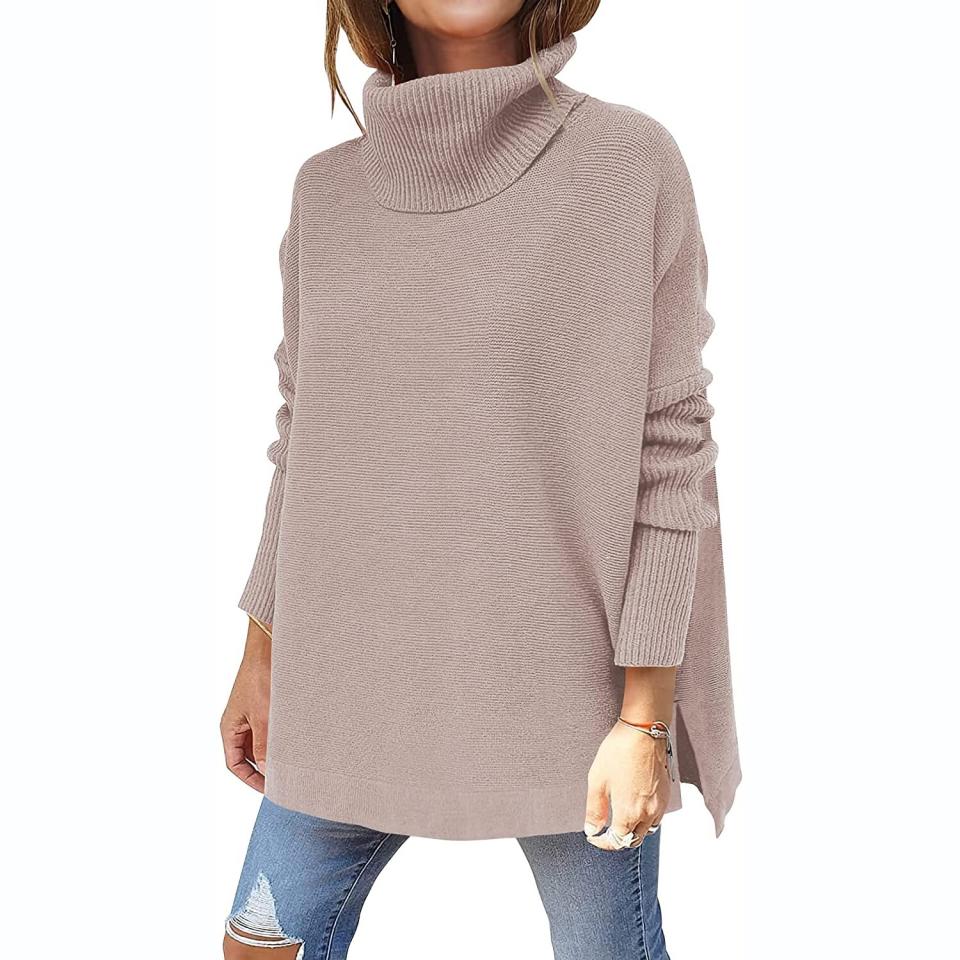 ANRABESS Women's Turtleneck Oversized 2021 Winter Long Batwing Sleeve Spilt Hem Knit Tunic Pullover Sweater