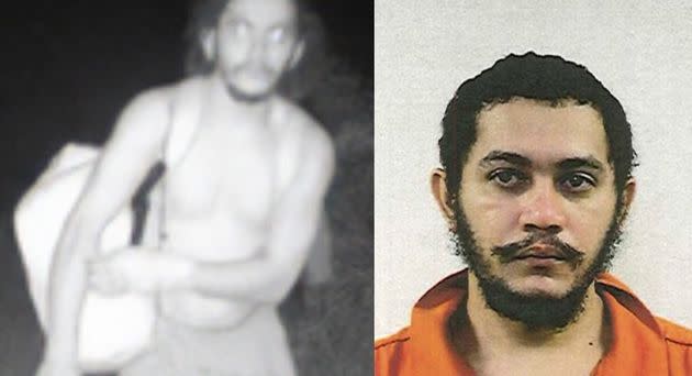 The 34-year-old Brazilian man was recently sentenced to life in prison for murder. He's seen here in a booking photo (right) and in recent footage taken from a trail camera shortly after his escape (left).