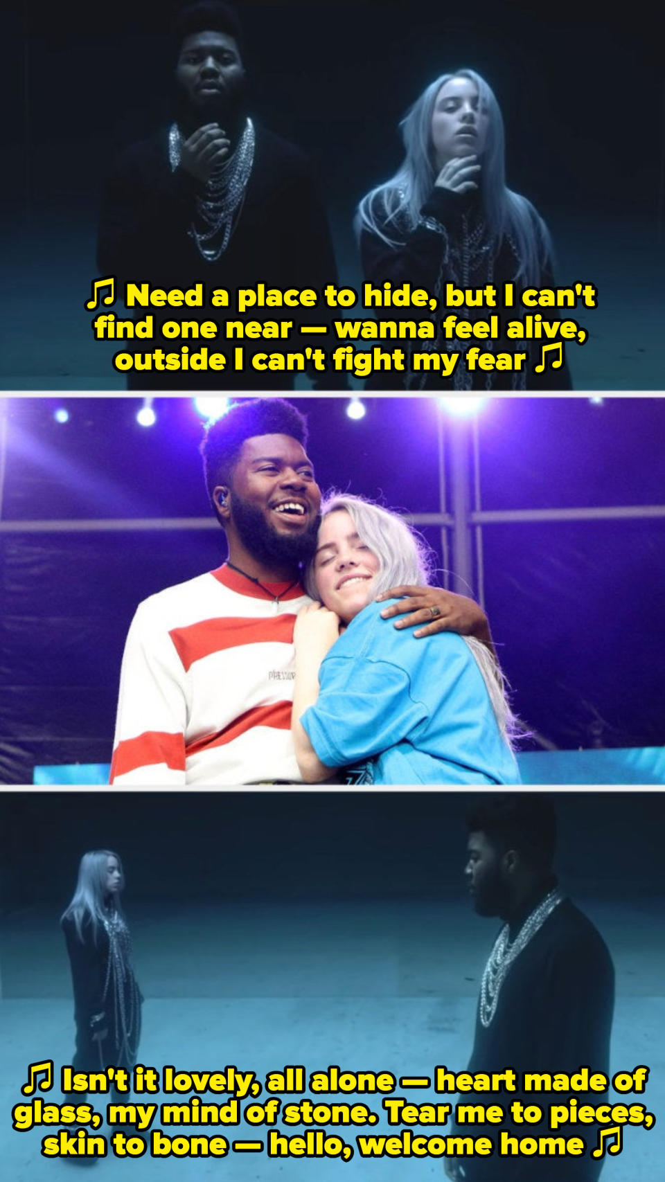 Eilish and Khalid performing live together at Governor's Ball in 2018; Eilish and Khalid in their "lovely" music video, singing: "Need a place to hide, but I can't find one near — wanna feel alive, outside I can't fight my fear"