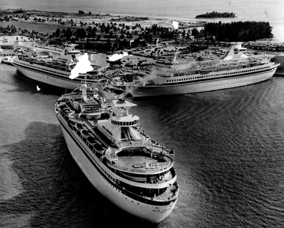 At The New Port of Miami in 1972, the Sun Viking (foreground) with the Song of Norway and the m/s Nordic Prince.