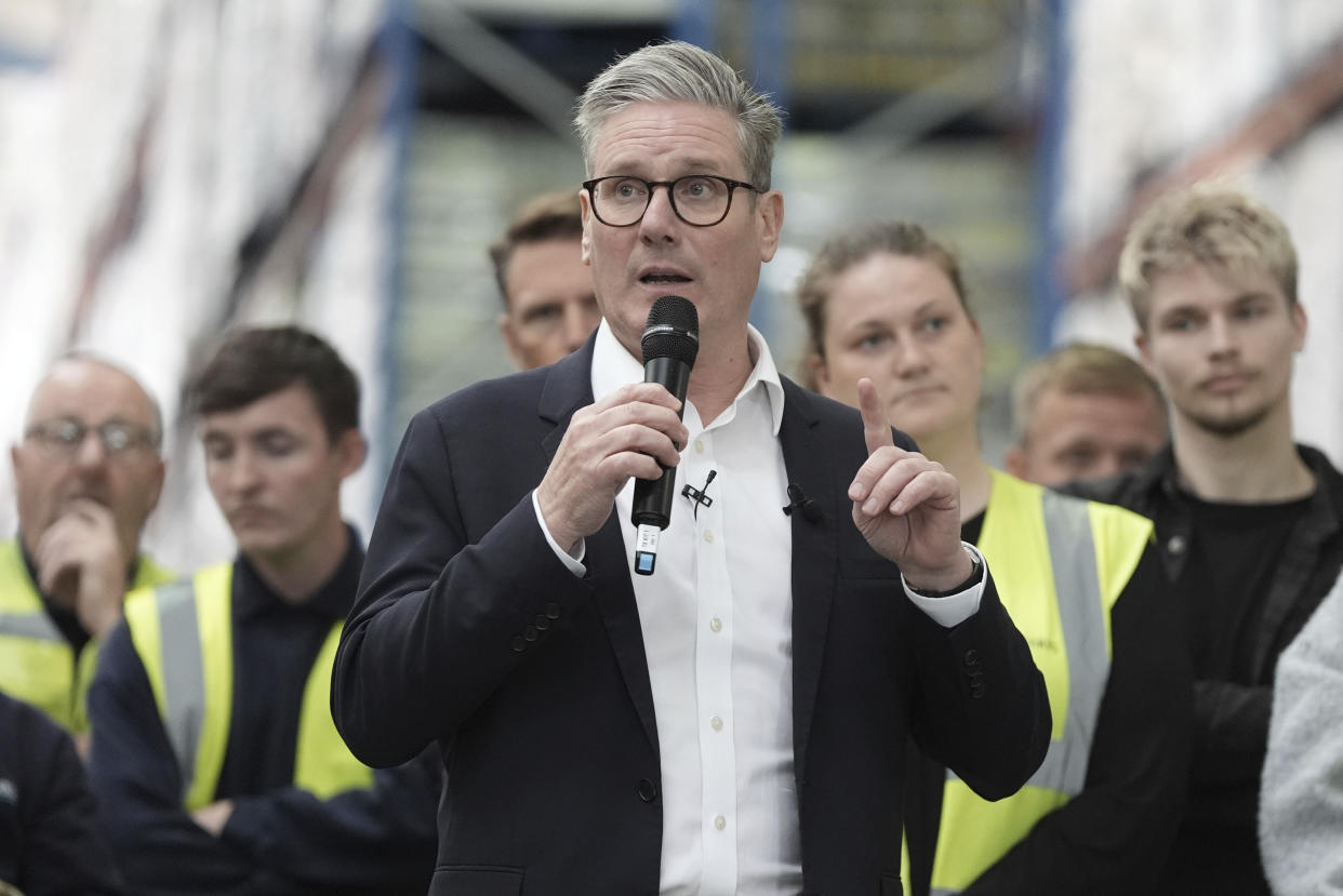 Labour Party leader Sir Keir Starmer speaks during a visit to Global Brands in Claycross, England, while on the General Election campaign trail, Tuesday July 2, 2024. (Stefan Rousseau/PA via AP)