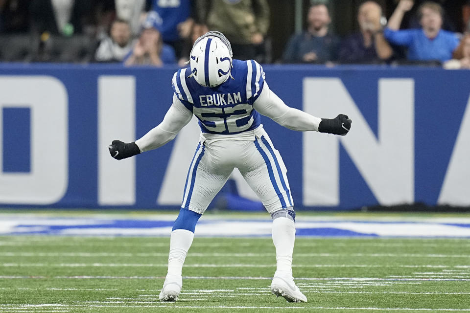 Indianapolis Colts defensive end Samson Ebukam (52) celebrates a sack during the second half of an NFL football game against the Tampa Bay Buccaneers Sunday, Nov. 26, 2023, in Indianapolis. (AP Photo/Darron Cummings)