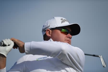 Feb 10, 2018; Pebble Beach, CA, USA; Ted Potter Jr. tees off on the ninth during the third round of the AT&T Pebble Beach Pro-Am golf tournament at Monterey Peninsula Country Club. Mandatory Credit: Joe Camporeale-USA TODAY Sports