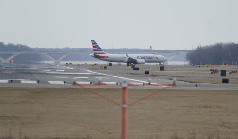 An American Airlines Boeing 737 MAX 8 flight taxis after landing at Reagan National Airport in Washington