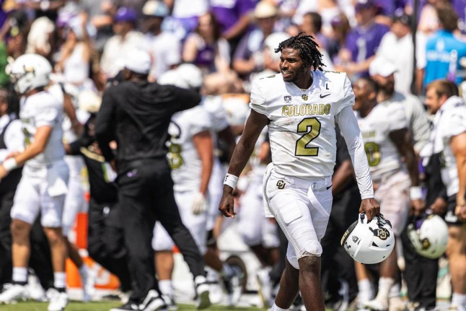 Colorado quarterback Shedeur Sanders (2) celebrates after winning their season opener 45-42 against the TCU Horned Frogs at Amon G. Carter Stadium in Fort Worth on Saturday, Sept. 2, 2023.