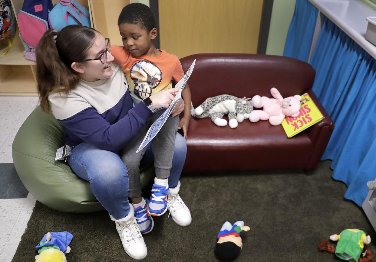 Teaching assistant Anna Muniz and James Thornton read a book together during a UW Oshkosh Head Start preschool class on Thursday, April 4, 2024 at Community Early Learning Center in Appleton, Wis. UW Oshkosh Head Start is a free preschool program, serving Outagamie, Shawano, Calumet and Winnebago Counties.
Wm. Glasheen USA TODAY NETWORK-Wisconsin