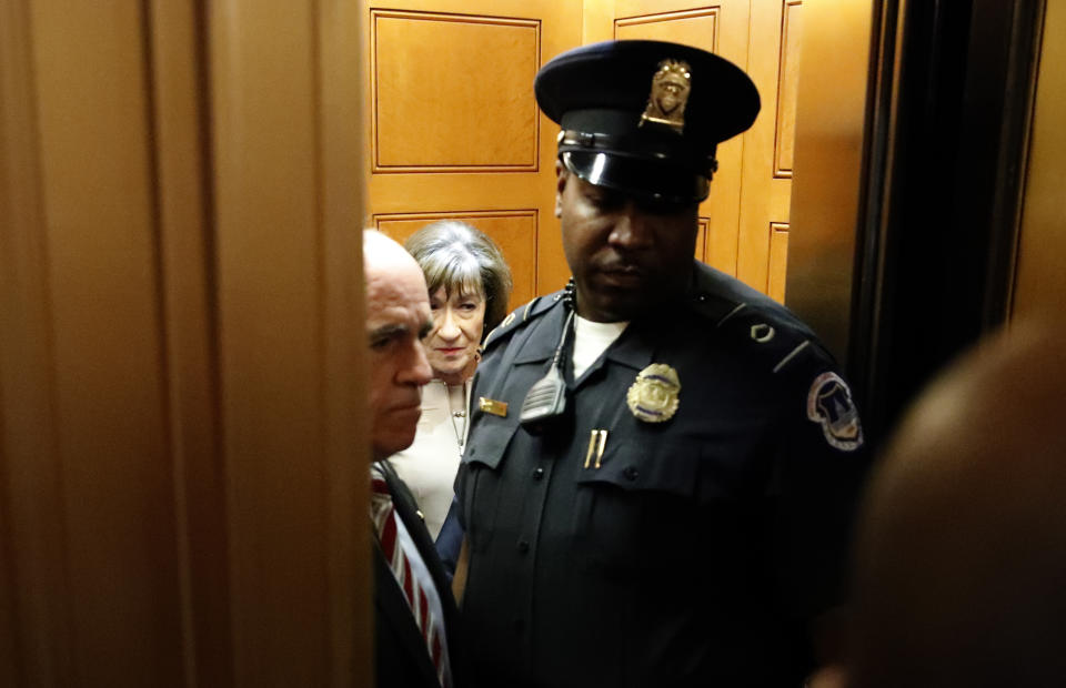 Sen. Susan Collins, R-Maine, gets in an elevator to depart after speaking on the Senate floor, on Capitol Hill, Friday, Oct. 5, 2018 in Washington about her vote on Supreme Court nominee Judge Brett Kavanaugh. (AP Photo/Alex Brandon)