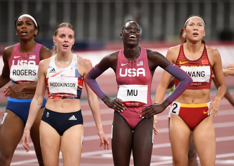 -TOKYO,JAPAN August 3, 2021: USA's Athing Mu smiles after winning the gold medal in the 800m final at the 2020 Tokyo Olympics. (Wally Skalij /Los Angeles Times)