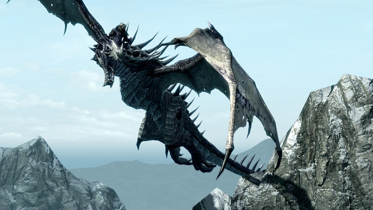  A dragon flying through the sky in Skyrim. 