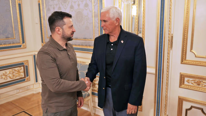 Mike Pence meets Volodymyr Zelenskyy in Ukraine.  (NBC News)