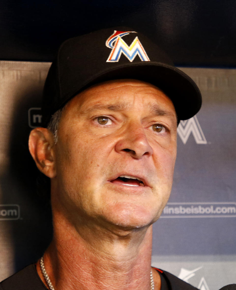 Miami Marlins manager Don Mattingly speaks with the press before a baseball game against the Cincinnati Reds in Miami, Thursday, Sept. 20, 2018. (AP Photo/Joe Skipper)