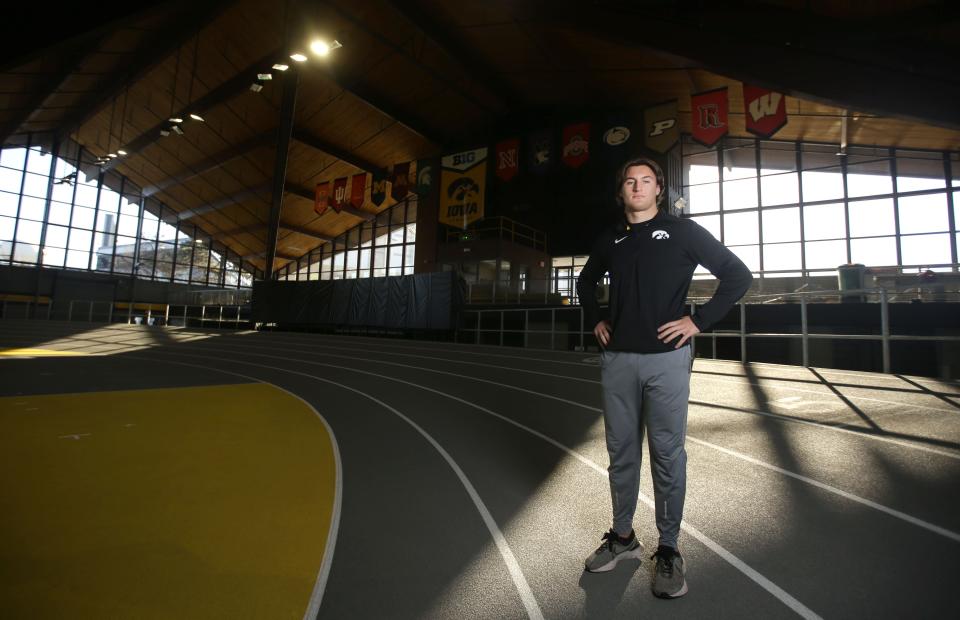 Austin West, a University of Iowa heptathlete, poses for a portrait Wednesday, Nov. 29, 2023 at the Recreation Building on the University of Iowa Campus.