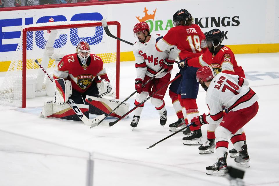 Florida Panthers goaltender Sergei Bobrovsky makes a save against the Carolina Hurricanes during the second period.