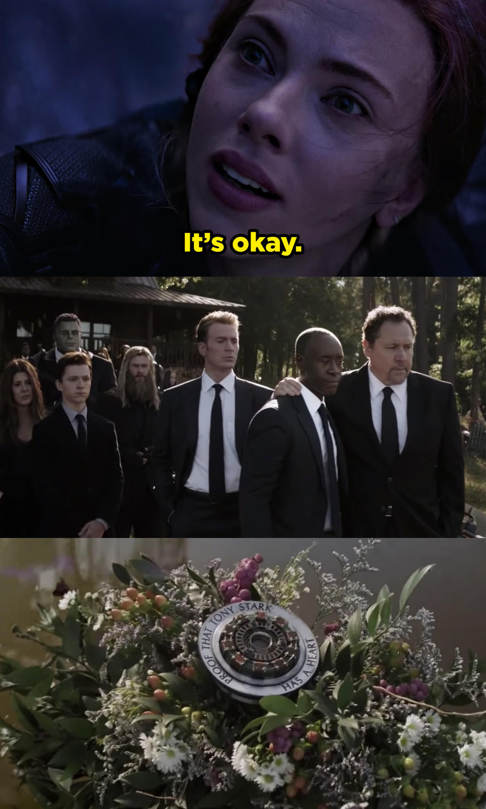 Black Widow right before she dies and the rest of the Avengers at a funeral for Tony Stark.