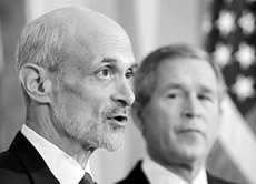 Federal appeals court judge Michael Chertoff speaks during President Bush\'s announcement of Chertoff\'s nomination to be the new secretary of the Department of Homeland Security Tuesday in the Roosevelt Room of the White House in Washington, D.C. AP photo