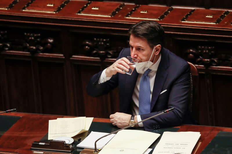 FILE PHOTO: Italy's Prime Minister Giuseppe Conte delivers a speech at the lower chamber of Parliament, in Rome