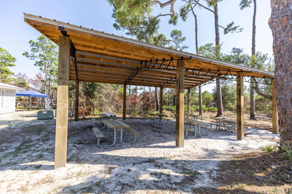 A covered picnic area is part of the new primitive youth group campground recently opened at St. Andrews State Park. The campground has been closed since it was heavily damaged in Hurricane Michael.