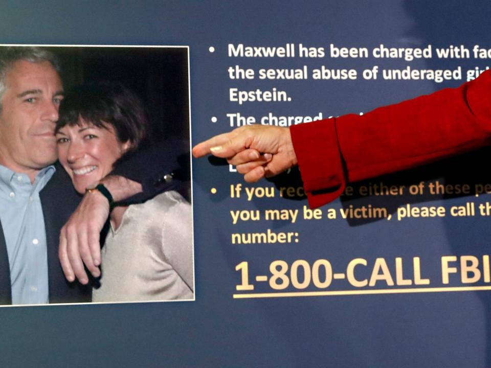 Woman's hand in a red top points at a photo of Jeffrey Epstein and Ghislaine Maxwell.