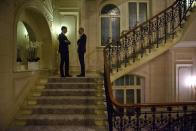 Security block a staircase at the Beau Rivage Palace Hotel March 28, 2015 in Lausanne, Switzerland, during Iran nuclear talks