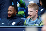 Soccer Football - Premier League - Manchester City v Burnley - Etihad Stadium, Manchester, Britain - October 20, 2018 Manchester City's Raheem Sterling and Kevin De Bruyne on the substitutes bench Action Images via Reuters/Jason Cairnduff