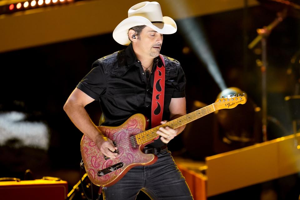 Brad Paisley performs during the taping of the CMT Giants: Vince Gill special at The Fisher Center for the Performing Arts in Nashville, Tenn., Monday, Sept. 12, 2022.