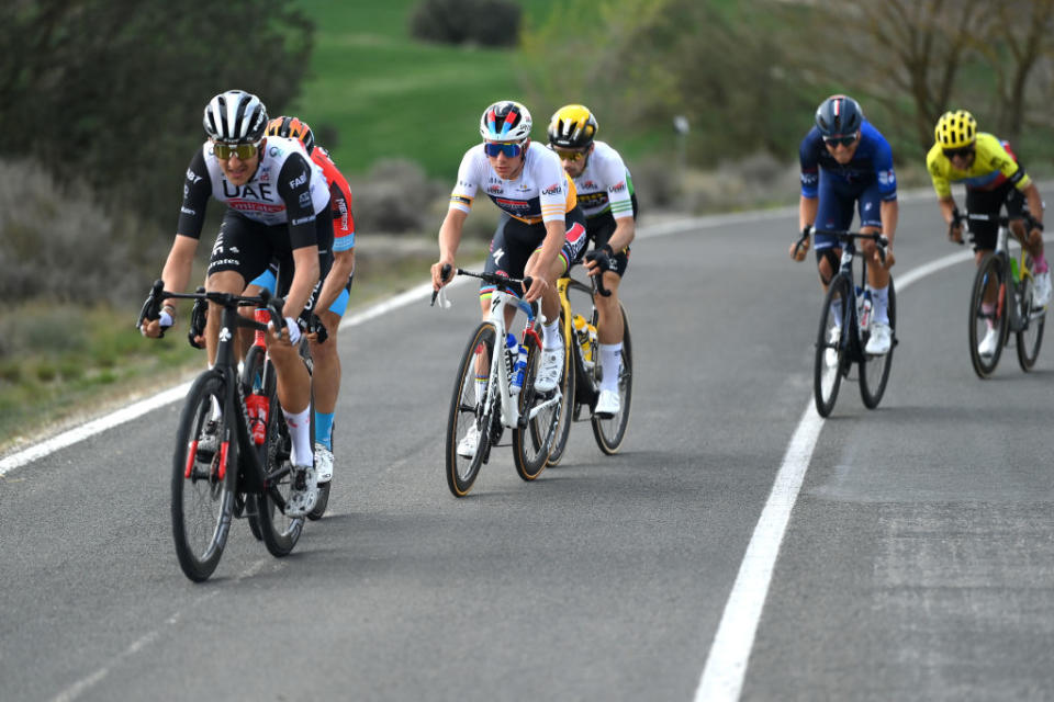 MOLINS DE REI SPAIN  MARCH 25 LR Marc Soler of Spain and UAE Team Emirates Remco Evenepoel of Belgium and Team Soudal QuickStep  Yellow Best Young Rider Jersey and Primoz Roglic of Slovenia and Team JumboVisma  Green Leader Jersey attack during the 102nd Volta Ciclista a Catalunya 2023 Stage 6 a 1741km stage from Martorell to Molins de Rei  UCIWT  on March 25 2023 in Molins de Rey Spain Photo by David RamosGetty Images