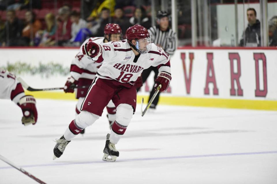 Adam Fox, a defenseman at Harvard, was traded in June 2018 to the Carolina Hurricanes and attended the team’s prospect development camp at PNC Arena.