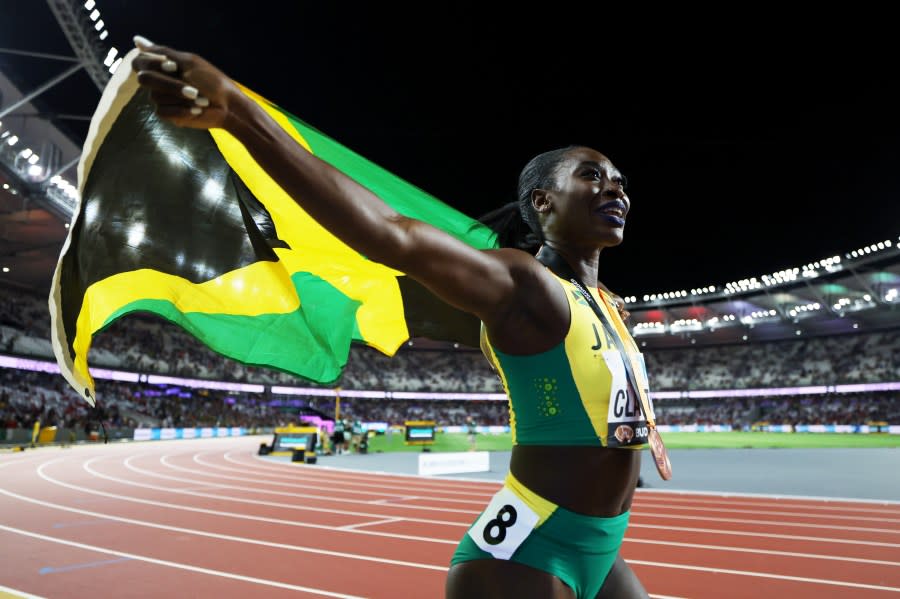 Bronze medalist Rushell Clayton of Team Jamaica celebrates after the Women’s 400m Hurdles Final during day six of the World Athletics Championships Budapest 2023 at National Athletics Centre on August 24, 2023 in Budapest, Hungary. (Photo by Steph Chambers/Getty Images)