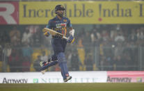 Sri Lanka's captain Dasun Shanaka score a runduring the first one-day international cricket match between India and Sri Lanka in Guwahati, India, Tuesday, Jan. 10, 2023.(AP Photo/Anupam Nath)