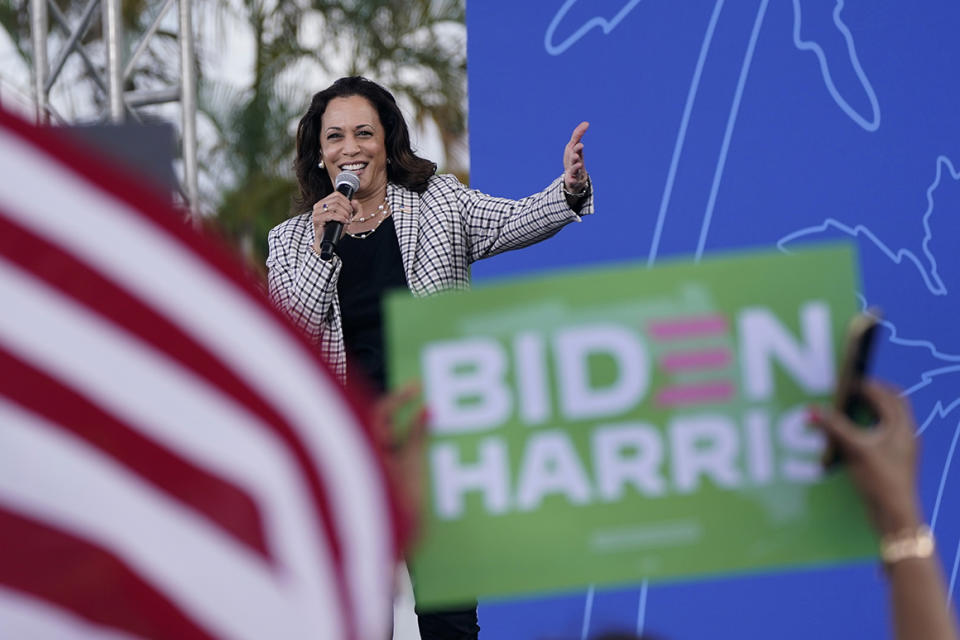 Democratic vice presidential candidate Sen. Kamala Harris, D-Calif., speaks during a drive-in get out the vote rally, Saturday, Oct. 31, 2020, at Palm Beach State College in Lake Worth, Fla. (AP Photo/Wilfredo Lee)