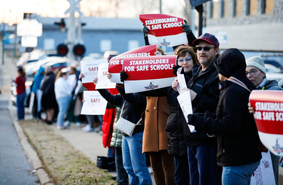 The Springfield National Education Association organized a "Stakeholders for Safe Schools" protest outside the the Kraft Administration Center Tuesday.