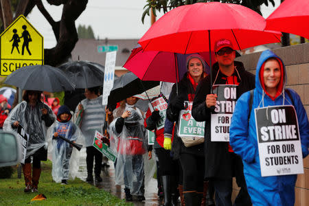 Los Angels public school teachers continue to deal with the rainy weather as their strike enters its third day in Gardena, California, U.S., January 16, 2019. REUTERS/Mike Blake