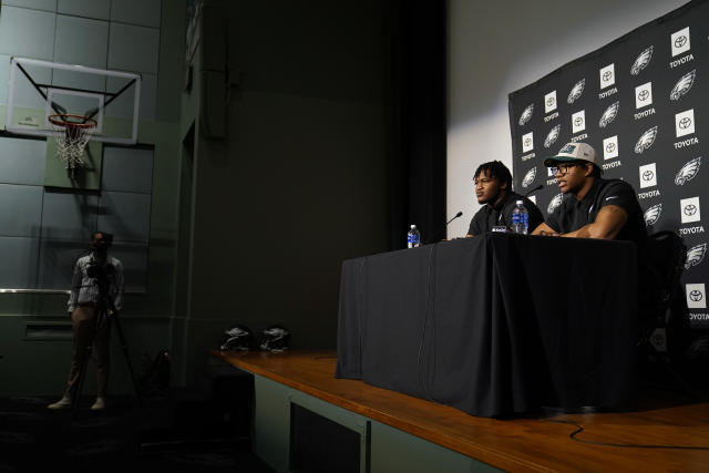 Newly drafted Philadelphia Eagles' Jalen Carter, left, and Nolan Smith pose  for a photo after a news conference at the NFL football team's training  facility, Friday, April 28, 2023, in Philadelphia. (AP