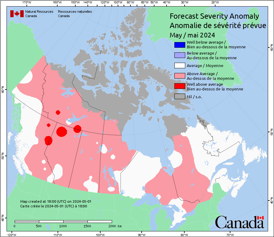 Canada's May forecast for fire weather severity.