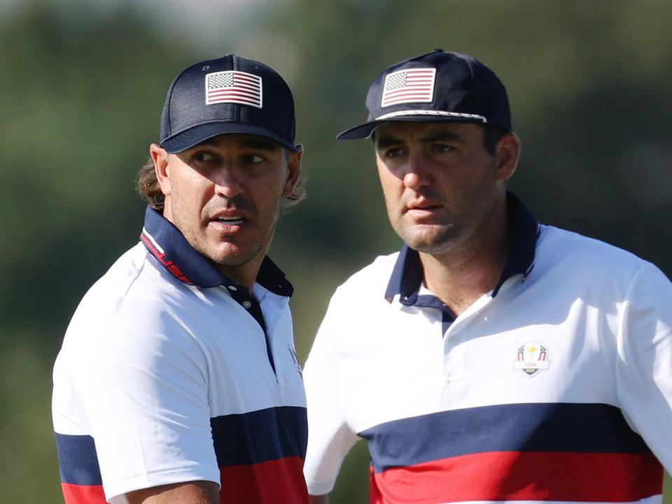 Brooks Koepka and Scottie Scheffler react upon losing their match to Viktor Hovland and Ludvig Aberg (Getty Images)