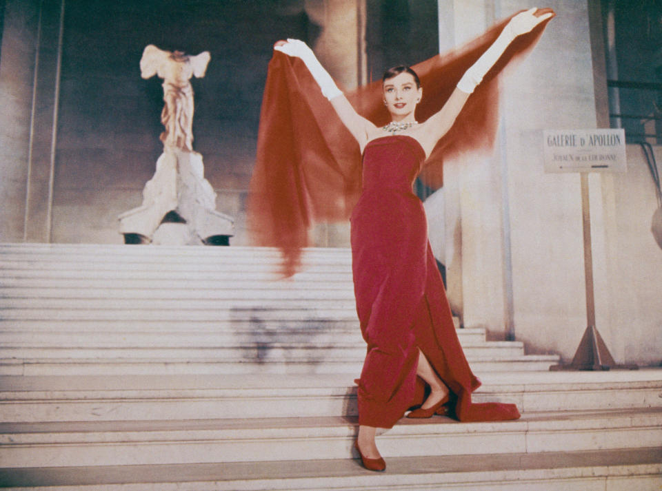 Descending the Daru Staircase at the Louvre in Paris, in a scene from the film "Funny Face," 1957.&nbsp;