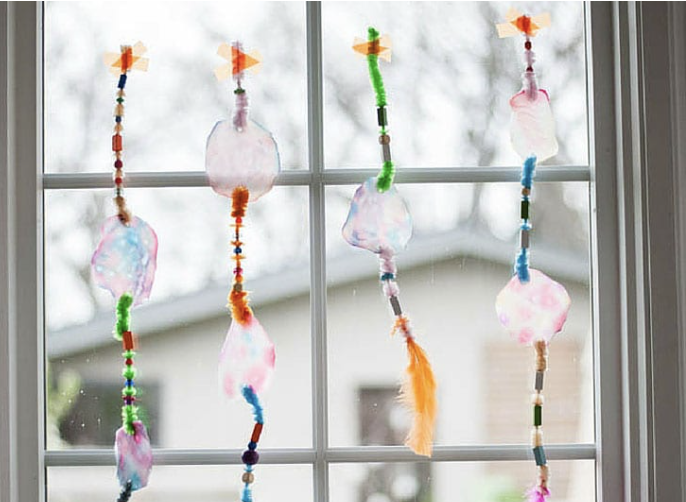 crafts for kids, glue blob decorations taped to the window