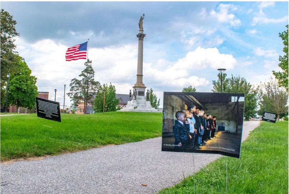 An outdoor exhibit, “Assemblage,” is installed in Penn Park against the backdrop of the Soldiers and Sailors Monument. The 2020 exhibit, photographed by Shelby Wormley and stemming from the creative vision of Inclusive Arts Movement’s Richard Craighead, was also shown in York College’s Center for Community Engagement.