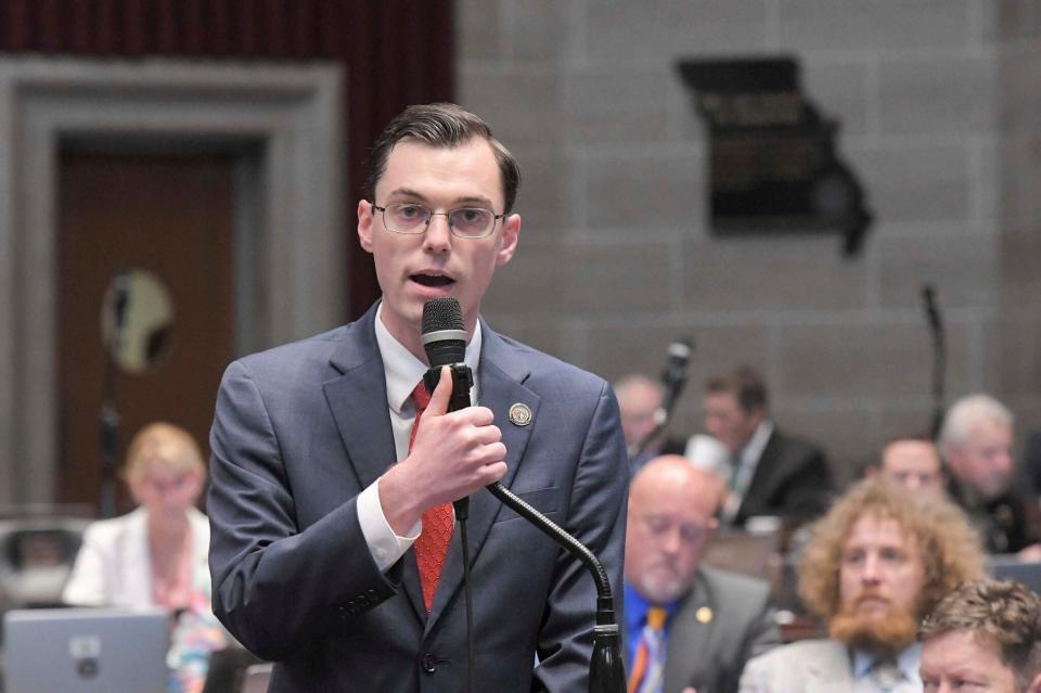 State Rep. Dirk Deaton, R-Noel, speaks on the Missouri House floor in May 2022.