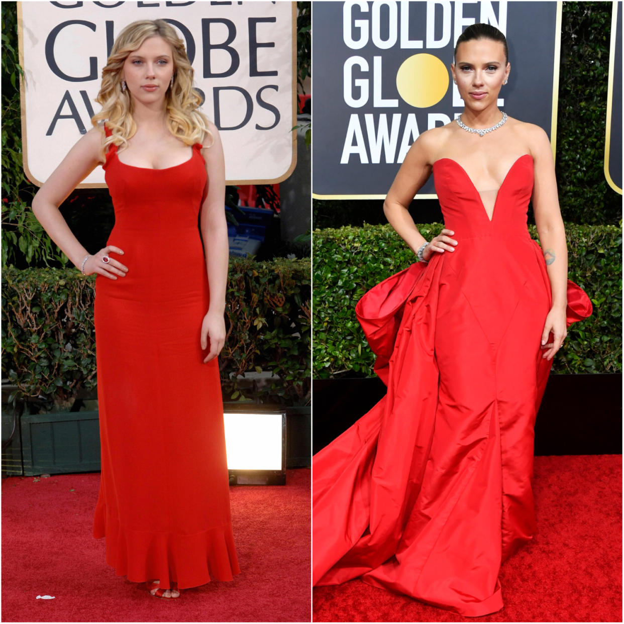 A composite image of Scarlett Johansson wearing red dresses to both the 2006 and 2020 Golden Globes. (Getty Images)