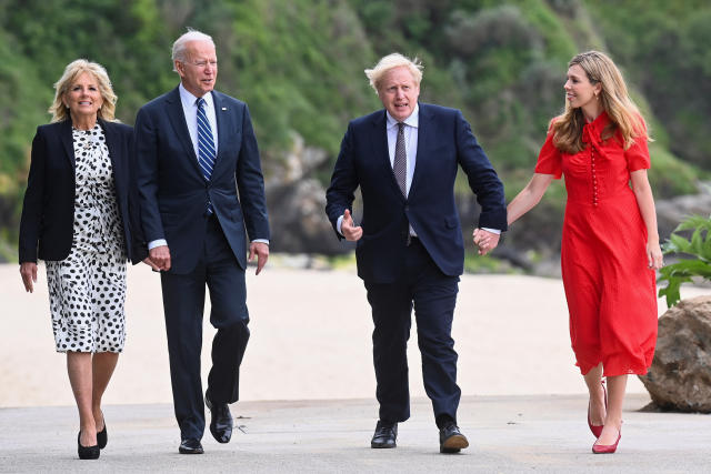 irst Lady Jill Biden, US President Joe Biden, Prime Minister Boris Johnson and Carrie Johnson walk outside Carbis Bay Hotel ahead of the G7. (PA)