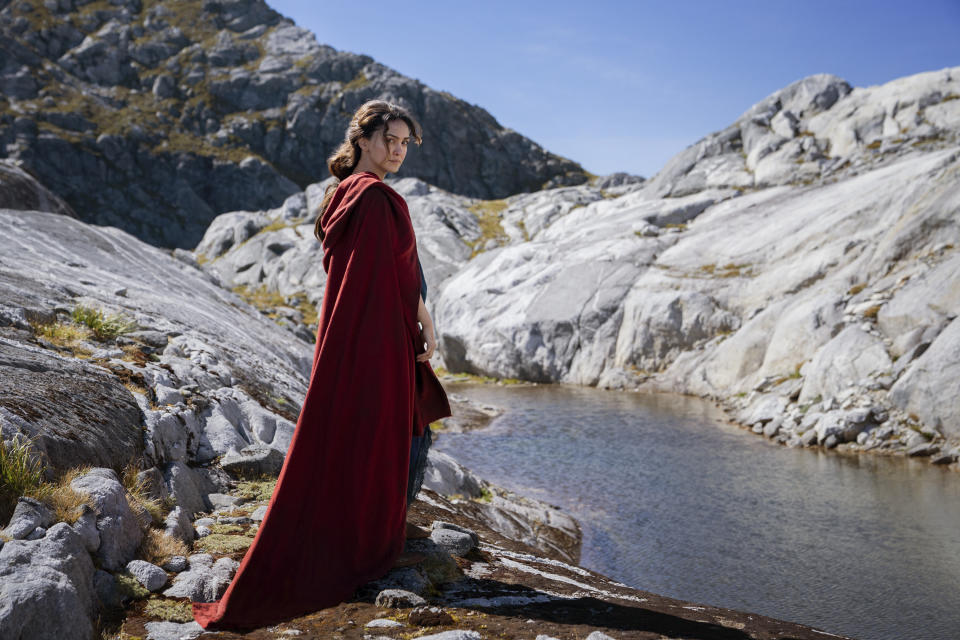 This image released by Amazon Studios shows Nazanin Boniadi in a scene from "The Lord of the Rings: The Rings of Power." (Amazon Studios via AP)