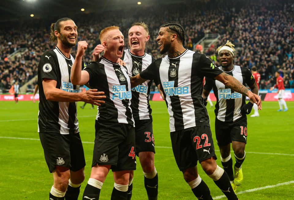 NEWCASTLE UPON TYNE, ENGLAND - OCTOBER 06: Matthew Longstaff of Newcastle United (43) celebrates after scoring his first Premier League and Newcastle's goal during the Premier League match between Newcastle United and Manchester United at St. James Park on October 06, 2019 in Newcastle upon Tyne, United Kingdom. (Photo by Serena Taylor/Newcastle United via Getty Images)