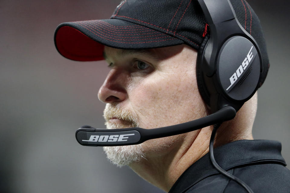 Atlanta Falcons head coach Dan Quinn watches play against the New York Jets during the first half an NFL preseason football game, Thursday, Aug. 15, 2019, in Atlanta. (AP Photo/John Bazemore)