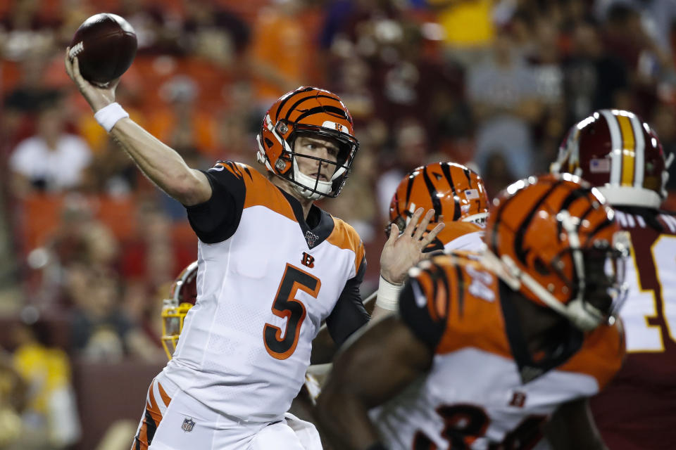 Cincinnati Bengals quarterback Ryan Finley (5) throws a pass during the first half of the team's NFL preseason football game against the Washington Redskins, Thursday, Aug. 15, 2019, in Landover, Md. (AP Photo/Alex Brandon)