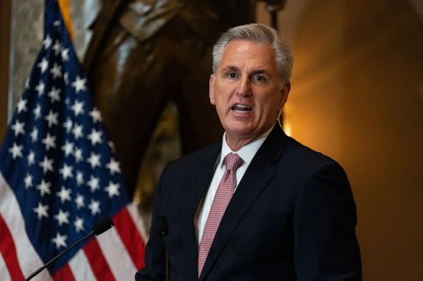 PHOTO: House Minority Leader Kevin McCarthy speaks during a ceremony unveiling a statue of Amelia Earhart in Statuary Hall at the U.S. Capitol in Washington, D.C., July 27, 2022. (Eric Lee/Bloomberg via Getty Images, FILE)