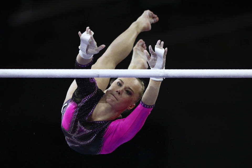 Angelina Melnikova of Russia performs on the uneven bars in the women's all-around final at the Gymnastics World Championships in Stuttgart, Germany, Thursday, Oct. 10, 2019. (AP Photo/Matthias Schrader)